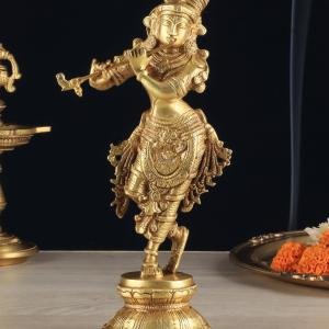 Unique Brass Krishna Statue - Sleek Design, 9.5" Height